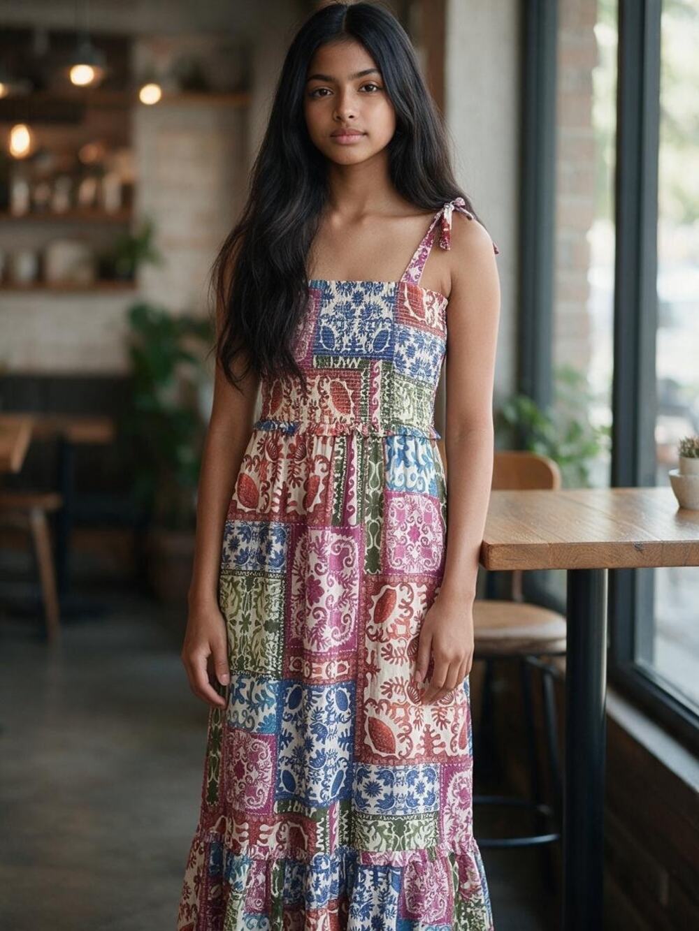 Bila Patchwork Floral Dress Smocked Bodice Lined Boho Tie Straps Small NWT